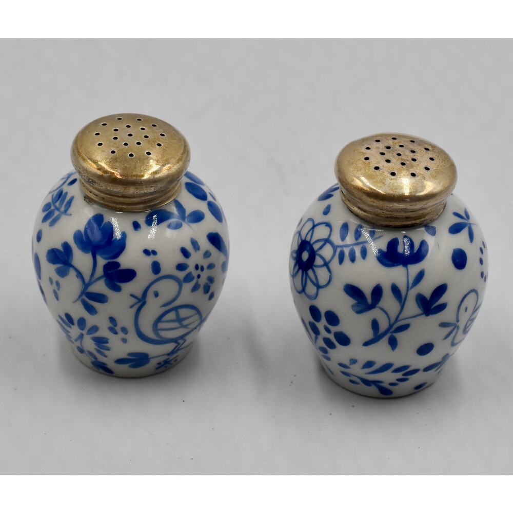 Rare Meissen Blue Porcelain Salt & Pepper Hand Painted Sterling Silver Lids